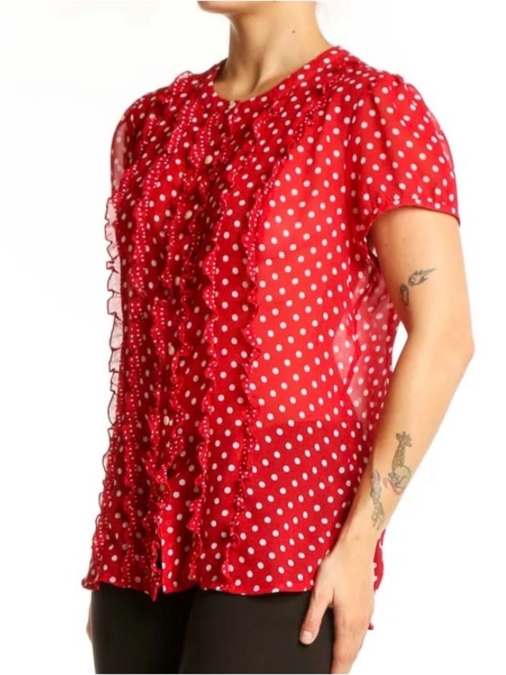 Love! Red Polka Dot Ruffle Button Down Short Puffy Sleeve Blouse Sz Small 6